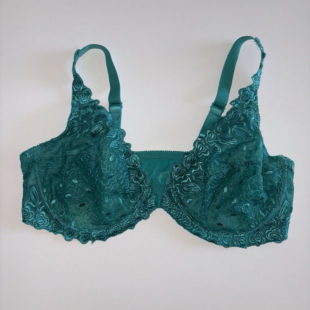 Amoureuse Green Lace Embroidered Underwire Bra Front Close Size 40C Unlined
